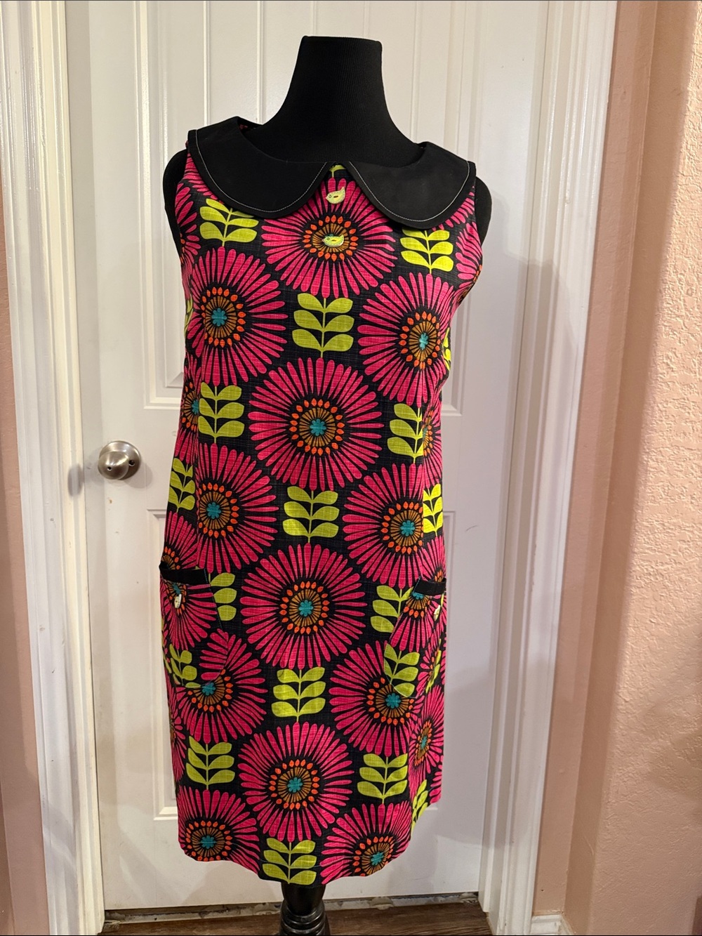 Bebop & Wally New York Floral Mod Shift Cotton Dress Sz L Made USA Bird Buttons